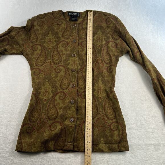 Escada 34 US S Top Blouse Gold Paisley Wool Silk Shirt Margaretha Ley Designer - Picture 11 of 13
